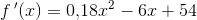 f{\, }'(x)=0{,}18x^2-6x+54