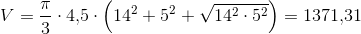 V=\frac{\pi }{3}\cdot 4{,}5\cdot \left ( 14^2+5^2+\sqrt{14^2\cdot 5^2} \right )=1371{,}31