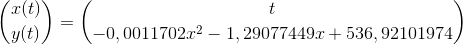 \binom{x(t)}{y(t)}=\binom{t}{-0,0011702x^{2}-1,29077449x+536,92101974}