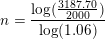 \small n=\frac{\log(\frac{3187{.}70}{2000})}{\log(1{.}06)}
