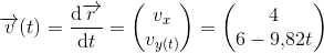 \overrightarrow{v}(t)=\frac{\mathrm{d} \overrightarrow{r}}{\mathrm{d} t}=\begin{pmatrix} v_{x}\\v_{y(t)} \end{pmatrix}=\begin{pmatrix} 4\\ 6-9{,}82t \end{pmatrix}