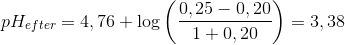 pH_{efter}=4,76+\log\left ( \frac{0,25-0,20}{1+0,20 }\right)=3,38