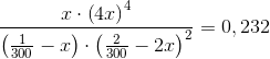 \frac{x \cdot \left (4x \right )^4}{\left (\frac{1}{300}-x \right )\cdot \left (\frac{2}{300}-2x \right )^2}=0,232