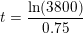 \small t=\frac{\ln(3800)}{0{.}75}