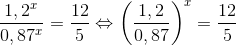 \frac{1,2^{x}}{0,87^{x}}=\frac{12}{5}\Leftrightarrow \left ( \frac{1,2}{0,87} \right )^{x}=\frac{12}{5}