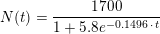 \small N(t)=\frac{1700}{1+5{.}8e^{-0{.}1496\, \cdot \, t}}