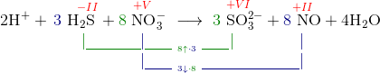 \\2\text{H}^++\overset{{\color{Red} ~~~~~-II}}{{\color{DarkBlue} 3}~\text{H}_2\text{S}}+\overset{{\color{Red} +V}}{{\color{DarkGreen} 8}~\text{NO}_3^-}~\longrightarrow~\overset{{\color{Red} +VI}}{{\color{DarkGreen} 3}~\text{SO}_3^{2-}} + \overset{{\color{Red} +II}}{{\color{DarkBlue} 8}~\text{NO}} + 4\text{H}_2\text{O} \\ {\color{DarkGreen} ~~~~~~~~~~~~~~~|_{\underline{~~~~~~~~~~}}}{\color{DarkBlue} |}_{\color{DarkGreen} {\underline{~~~~~}_{~8\uparrow{\color{DarkBlue} \cdot 3}}~\underline{~~~~~}}}{\color{DarkGreen} |}{\color{DarkBlue} _{{~~~~~~~~~~~~}}|} \\ ~~~~~~~~~~~~~~~~~~~~~~~~~~~{\color{DarkBlue} |_{\underline{~~~~~}_{~3\downarrow{\color{DarkGreen} \cdot 8}}~\underline{~~~~~~~~~~~~~~~~~~}}|}