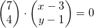 \small \begin{pmatrix} 7\\4 \end{pmatrix}\cdot \begin{pmatrix} x-3\\y-1 \end{pmatrix}=0