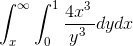 \int_{x}^{\infty }\int_{0}^{1}\frac{4x^{3\:}}{y^{3\:}} dydx