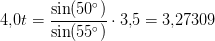 4{,}0t=\frac{\sin(50^\circ)}{\sin(55^\circ)}\cdot 3{,}5=3{,}27309