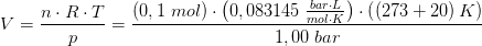 V=\frac{n\cdot R\cdot T}{p}=\frac{\left ( 0,1\; mol \right )\cdot \left ( 0,083145\; \frac{bar\cdot L}{mol\cdot K} \right )\cdot \left ( \left ( 273+20 \right )K \right )}{1,00\; bar}