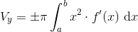 V_y=\pm \pi\int_{a}^{b}x^2\cdot f'(x)\ \mathrm dx