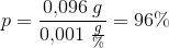 p=\frac{0{,}096\; g}{0{,}001\; \frac{g}{\%}}=96\%
