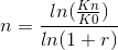 n=\frac{ln(\frac{Kn}{K0})}{ln(1+r)}