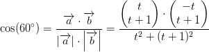\cos(60^\circ)=\frac{\overrightarrow{a}\cdot \overrightarrow{b}}{\left | \overrightarrow{a} \right |\cdot \left | \overrightarrow{b} \right |}=\frac{\begin{pmatrix} t\\t+1 \end{pmatrix}\cdot \begin{pmatrix} -t\\t+1 \end{pmatrix}}{t^2+(t+1)^2}