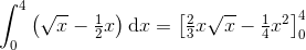 \int_{0}^{4}\left ( \sqrt{x}-\tfrac{1}{2}x \right )\mathrm{d}x=\left [ \tfrac{2}{3}x\sqrt{x}-\tfrac{1}{4}x^2 \right ]_{0}^{4}