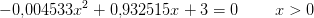 -0{,}004533x^2+0{,}932515x+3=0\; \; \; \; \; \; \; \; x>0
