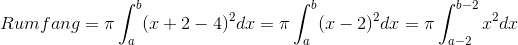 Rumfang=\pi\int_{a}^{b}(x+2-4)^{2}dx =\pi\int_{a}^{b}(x-2)^{2}dx=\pi\int_{a-2}^{b-2}x^{2}dx