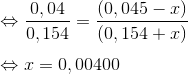 \newline \Leftrightarrow \frac{0,04}{0,154}=\frac{(0,045 -x)}{(0,154+x)} \newline \newline \Leftrightarrow x=0,00400