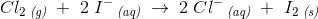 Cl_2\, _{\textit{(g)}}\; +\; 2\;I^-\, _{\textit{(aq)}}\; \rightarrow \; 2\;Cl^-\, _{\textit{(aq)}}\; +\,\,I_2\, _{\textit{(s)}}
