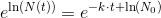 e^{\ln(N(t))}=e^{-k\cdot t+\ln(N_0)}