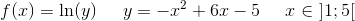 f(x)=\ln(y)\; \; \; \; \; y=-x^2+6x-5\; \; \; \; \; x\in\, \, ]1;5[