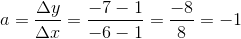 a=\frac{\Delta{y}}{\Delta{x}}=\frac{-7-1}{-6-1}=\frac{-8}{8}=-1