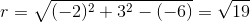 r=\sqrt{(-2)^2+3^2-(-6)}=\sqrt{19}