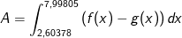A=\int_{2,60378}^{7,99805}\left ( f(x)-g(x) \right )dx