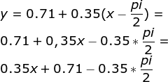 \\y=0.71+0.35(x-\frac{pi}{2})= \\0.71+0,35x-0.35*\frac{pi}{2}= \\0.35x+0.71-0.35*\frac{pi}{2}
