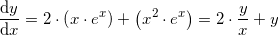\small \frac{\mathrm{d} y}{\mathrm{d} x}=2\cdot \left (x\cdot e^x \right )+\left (x^2\cdot e^x \right )=2\cdot \frac{y}{x}+y