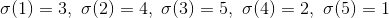 \sigma(1)=3, \ \sigma(2)=4, \ \sigma(3)=5, \ \sigma(4)=2, \ \sigma(5)=1