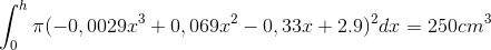\int_{0}^{h} \pi (-0,0029x^{3}+0,069x^{2}-0,33x+2.9)^{2}dx = 250cm^{3}