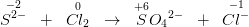 \overset{-2}{S^{2-}}\; \; +\; \; \overset{0}{Cl_2}\; \; \rightarrow \; \; \overset{+6}{S}{O_{4}}^{2-}\; \; +\; \; \overset{-1}{Cl^-}