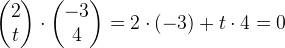 \begin{pmatrix} 2\\t \end{pmatrix}\cdot\begin{pmatrix} -3\\4 \end{pmatrix}=2\cdot (-3)+t\cdot 4=0