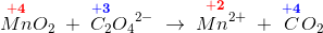 \overset{\mathbf{\color{Red} +4}}{Mn}O_2\; +\; \overset{\mathbf{\color{Blue} +3}}{C_2}{O_4}^{2-}\; \rightarrow \; \overset{\mathbf{\color{Red} \! \! \! \! \! +2}}{Mn^{2+}}\; +\; \overset{\mathbf{\color{Blue} +4}}{C}O_2