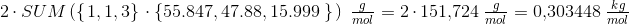\! \! \! \! \! \! \! \! \! \! \! \! \! \! \! \! \! \! \! \! \! 2\cdot SUM\left ( \left \{ \left.1,1,3 \right \} \right.\cdot \left \{55.847,47.88,15.999 \left. \right \} \right. \right )\; \tfrac{g}{mol}=2\cdot 151{,}724\; \tfrac{g}{mol}=0{,}303448\; \tfrac{kg}{mol}