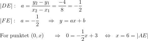 \\|DE| :~~a=\frac{y_2-y_1}{x_2-x_1}=\frac{-4}{8}=-\frac{1}{2} \\\\ |FE|:~~a=-\frac{1}{2}~~~~\Rightarrow ~~ y=ax+b\\\\ \text{For punktet }(0,x)~~~~~\Rightarrow~~0=-\frac{1}{2}x+3 ~~~\Leftrightarrow~~ x=6=|AE|