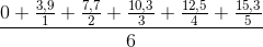 \frac{0+\frac{3,9}{1}+\frac{7,7}{2}+\frac{10,3}{3}+\frac{12,5}{4}+\frac{15,3}{5}}{6}