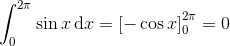 \int_{0}^{2\pi }\sin x\, \textup{d}x=\left [ -\cos x \right ]_{0}^{2\pi }=0