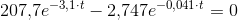 207{,}7e^{-3{,1}\cdot t}-2{,}747e^{-0{,}041\cdot t}=0