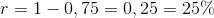 r=1-0,75=0,25=25\%