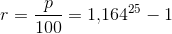 r=\frac{p}{100}=1{,}164^{25}-1