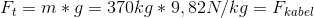 F_{t}=m*g=370 kg * 9,82 N/kg=F_{kabel}