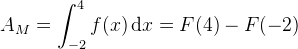 A_{M}=\int_{-2}^{4}f(x)\,\textup {d}x=F(4)-F(-2)