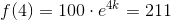 f(4)=100\cdot e^{4k}=211