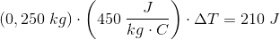 \left (0,250\; kg \right )\cdot \left (450\; \frac{J}{kg\cdot C} \right )\cdot \Delta T=210 \; J