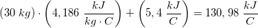 \small \left ( 30\; kg \right )\cdot \left ( 4,186\; \frac{kJ}{kg\cdot C} \right )+\left ( 5,4\; \frac{kJ}{C} \right )=130,98\; \frac{kJ}{C}