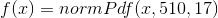 f(x)=normPdf(x,510,17)
