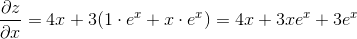 \frac{\partial z}{\partial x}=4x+3(1\cdot e^x+x\cdot e^x)=4x+3xe^x+3e^x